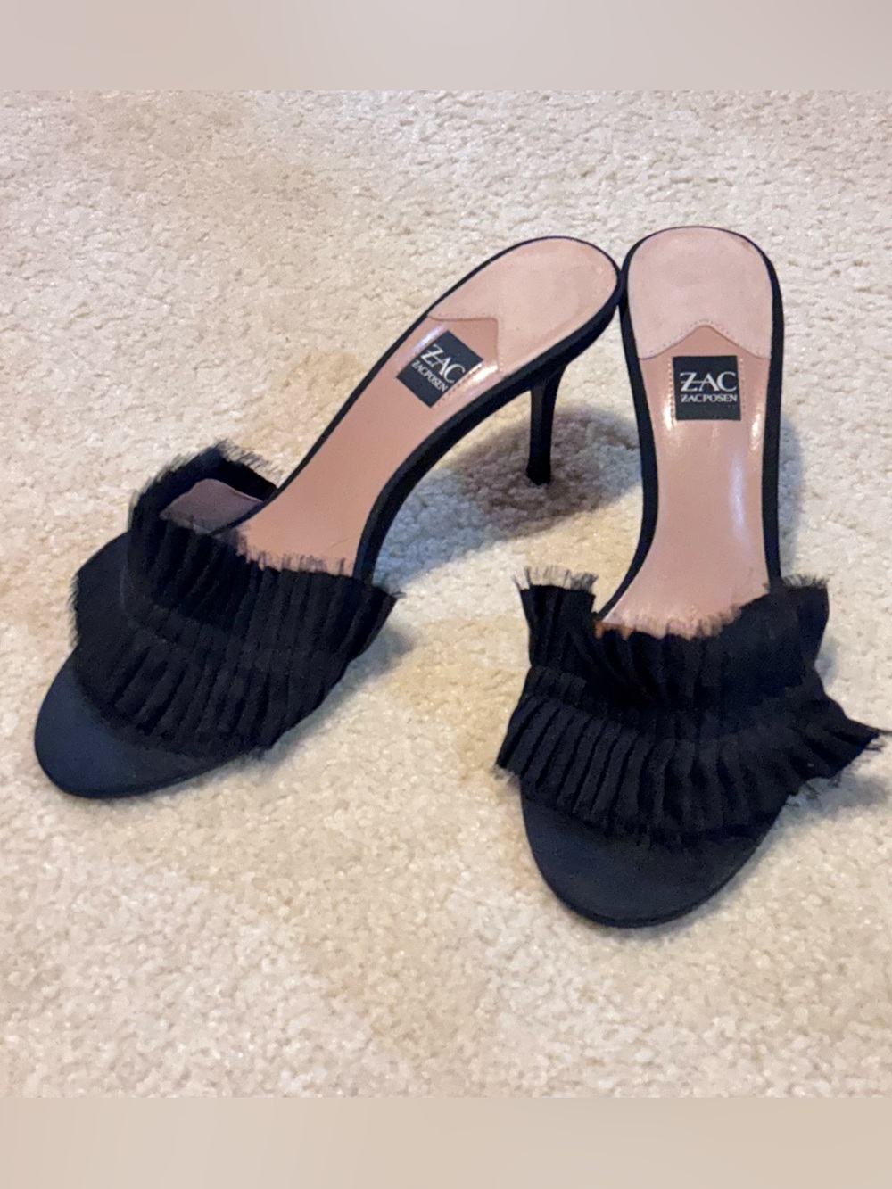 ZAC Zac Posen Black Pleated Chiffon Open Toe Kitten Heels Slide Mule Venecia 10